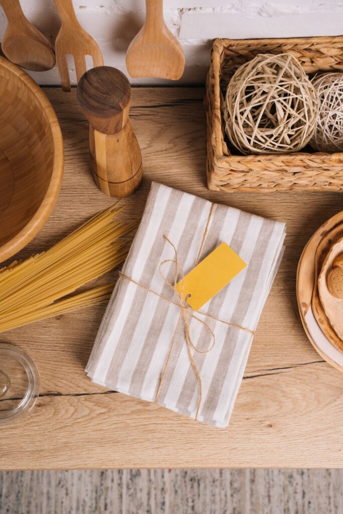 Striped handwoven linen styled with a natural rattan basket