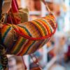 Colorful handwoven brocade shoulder bag on display